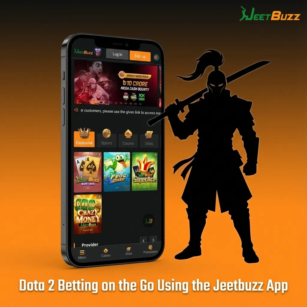 Person using the Jeetbuzz mobile app to bet on a live Dota 2 esports match on their smartphone