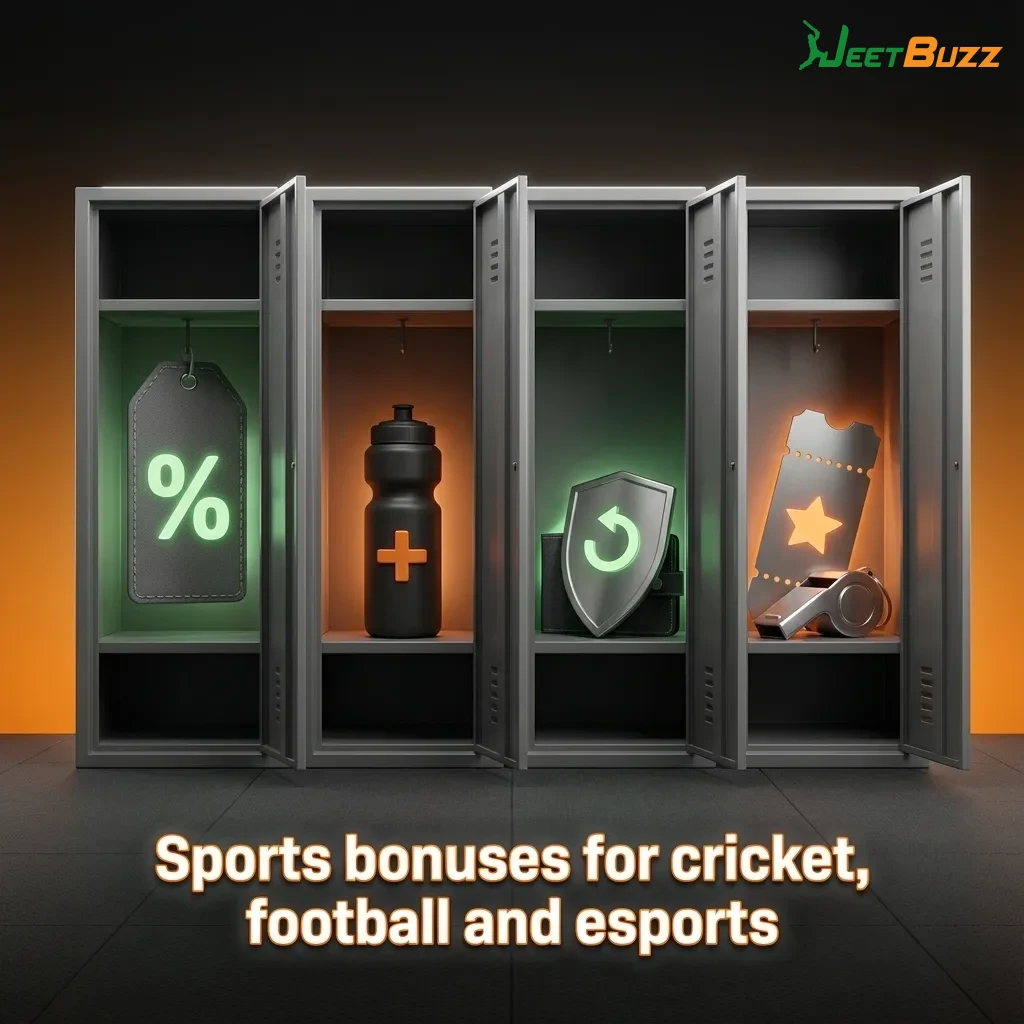 Sports promo banner showing 50% refund, weekly accumulator boost and multi-bet insurance for cricket, football and esports