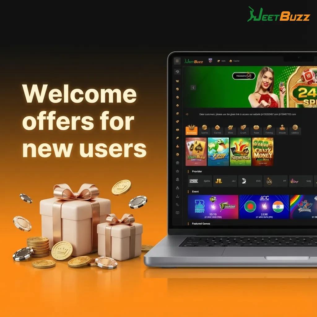 Banner showing “Welcome offers for new users” with icons for spins, casino cashback, and sports bet refund