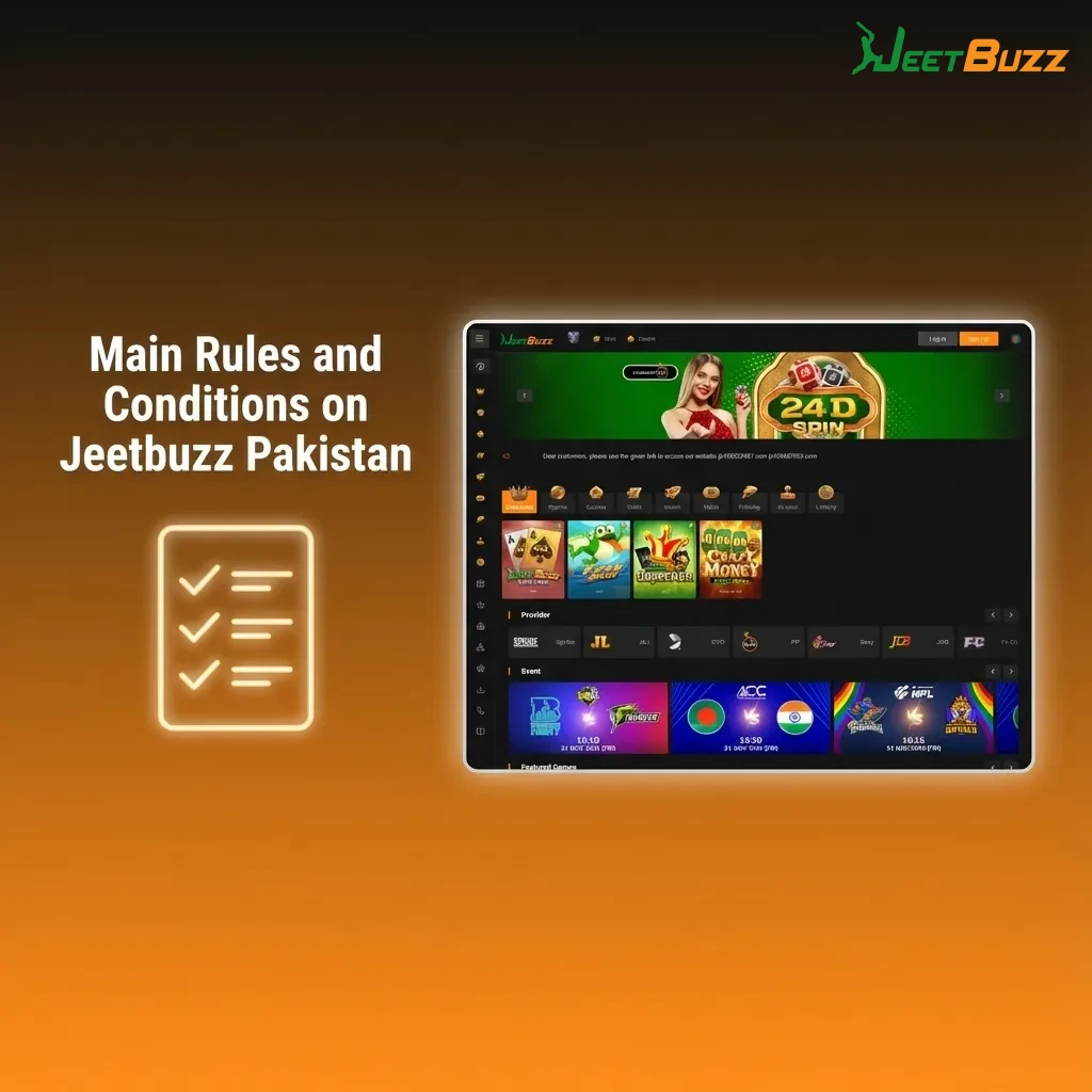 Illustrated Jeetbuzz Pakistan rules list highlighting age limit, one account, own payment methods, bonuses, and verification