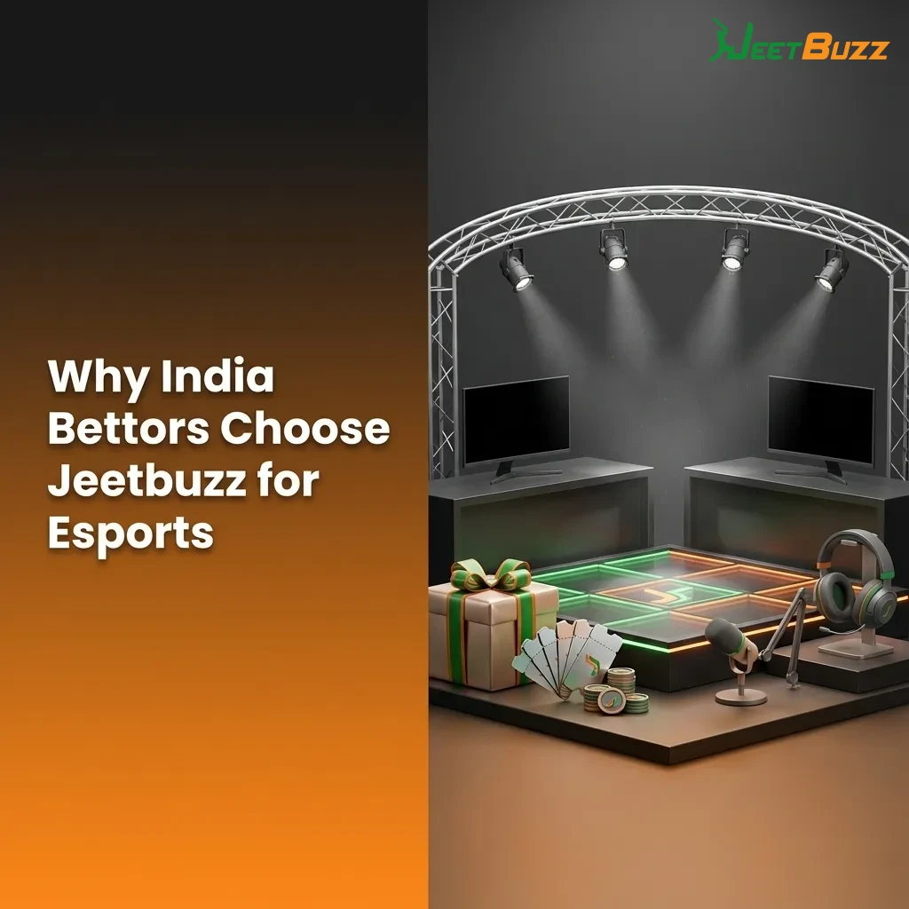 Graphic titled “Why India Bettors Choose Jeetbuzz for Esports” highlighting odds, local payments, mobile app, bonuses, and 24/7 support